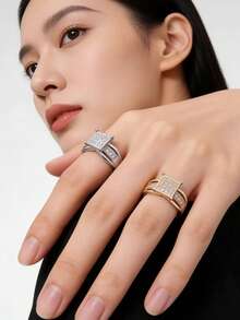 1 pieza Anillo cuadrado de circonita cúbica de dos tonos de moda para mujer, banda ajustable abierta. Adecuado para uso diario de joyería, boda, compromiso, anillos de pareja, regalo, celebración del Ramadán, regalo de Eid Al-Fitr - Anillo cuadrado - Ver 3