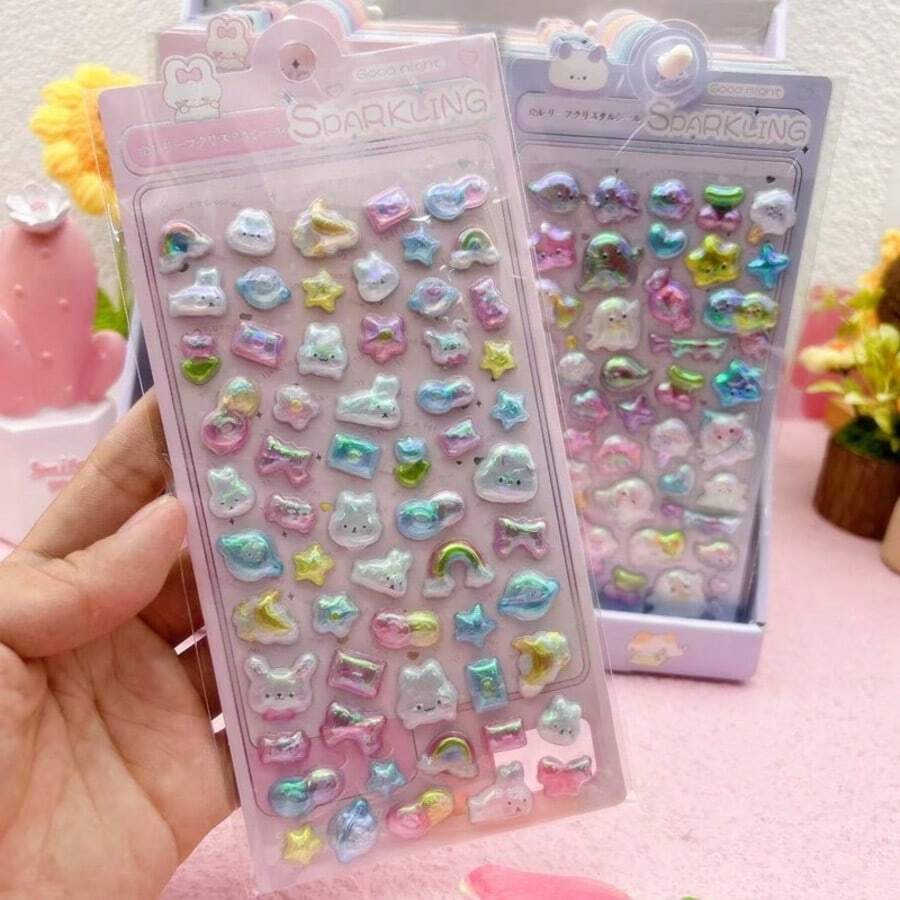 Nuevos adhesivos 3D de arcoíris con relieve y estilo de dibujos animados, adhesivos de lámina para decoración DIY para niños (color y estilo aleatorios) - Multicolor - Ver 1