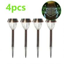 Conjunto de 4 luminárias solares externas, à prova d'água, com 15 lúmens de duração, ideais para caminhos e jardins. Feitas em aço inoxidável, com iluminação branca fria. - branco frio - Ver 11