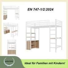 Hochbett, 90*200cm , Ohne Matratze, Bett Mit Schreibtisch, Mit Steckdose Und USB, Mehrere Regale, Offener Lagerschrank, Geländer, Leiter, Eisenrahmen, Weiß - White - View 2