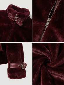 OUTTA BOX 女士长袖高领拉链宽松仿皮草酒红色外套，时尚优雅，适合居家、日常穿着、外出、派对、冬季、情人节等场合。 - 酒紅色 - 查看 6