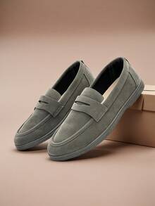 男士休闲乐福鞋，轻便透气平底纯色驾车鞋，套脚莫卡辛鞋，室内/室外鞋，舒适护理鞋 - 灰色 - 查看 2