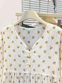 YUXIN 女士浪漫碎花衬衫 | 纹理V领灯笼袖衬衫 | 多色可选 | 宽松版型，适合夏季、春季和假期休闲/街头/办公穿着 - 綠色 - 查看 5