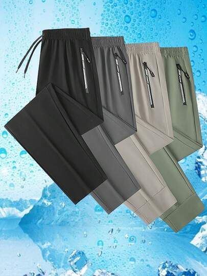 Men's Nylon Casual Running Pants, Adjustable Drawstring Waistband, Printed Zipper Pockets, Comfortable, Breathable, Suitable For Fitness, Outdoor Activities And Daily Wear Black Spring