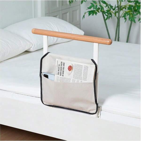 Nursing Bed Handrail Side Rail - Non - Slip Wooden Grip, 3 - Level Height Adjustment, Maximum Load Capacity 150kg, Storage Pocket Included - Easy Installation Without Tools, Safety Support, For The Elderly, For Home Use, For Nursing Care Facilities