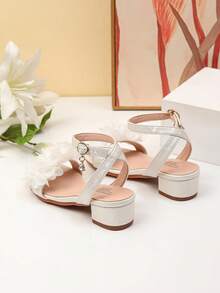 1 Par de Sandálias de Salto Alto Elegantes de Tecido Floral, Sapatos de Dança de Salto Alto para Meninas, Sandálias para Apresentação e Uso Diário de Estudantes, Sapatos de Casamento