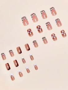 24 buc unghii acrilice imprimate cu model francez elegant, pătrate, maro, ombre, cu imprimeu leopard, model francez, flori 3D, model stelar, pentru a crea manichiura exclusivă de toamnă/iarnă! Potrivite pentru fete și femei, pentru uz zilnic, include 1 buc gel și 1 buc pilă de unghii