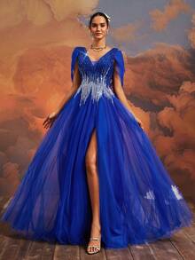 VIPGIRL Sequin Embellished Elegant Mesh Maxi Evening Gown, Navy Blue High Slit Formal Dress - Royal Blue - View 7