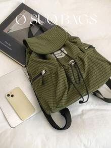 Large Capacity Fashionable Plaid Multi-Pocket Nylon Casual Backpack, Waterproof Lightweight Foldable Drawstring Patch Letter Travel Bag, Summer