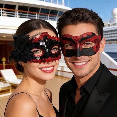 Couple's Masquerade Ball Masks, Luxury Venetian Party Mask Set, Christmas/Halloween Party Masks, Carnival Costume Role Play Party Romantic Red Masks For Men & Women