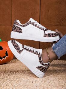 女士轻便系带低帮运动鞋 - 豹纹点缀休闲鞋，简约设计，适合跑步、步行和日常穿着，四季皆宜，时尚百搭的学生运动鞋 - 滑板鞋 - 训练鞋 - 棕色 - 查看 13