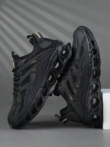 男士厚底厚底运动鞋，黑色皮革鞋面增高鞋，休闲系带厚底鞋，未来主义机械设计，透气舒适，小众时尚街头服饰 - 黑色 - 查看 3