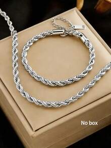 1set Simple Stainless Steel Braided Chain Necklace + Bracelet Set, Stylish Hip-Hop Accessories - Suit - View 14