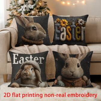 4pcs Easter Cute Rabbit Plush Printed Pillow Covers, 18" X 18", Rabbit & Easter Egg Print Decorative Cushion Covers For Living Room, Bedroom, Sofa, Bed, Outdoor, Pillow Inserts Not Included