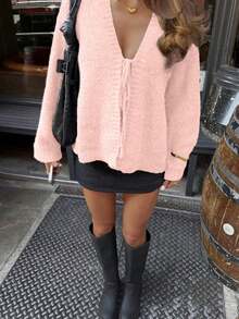 FOR BEAUTY 复古V领系带长袖针织开衫，时尚简约百搭，宽松版型毛衣开衫，女士秋季/新年必备 - 淺粉 - 查看 4