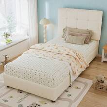 Lit de grande taille pour enfant sécurisé, design biscuit – Avec tête de lit douillette, barrières en mousse anti-choc, construction composite – 90x200 cm, couleur beige (Vendu sans matelas) - défaut - Voir 2