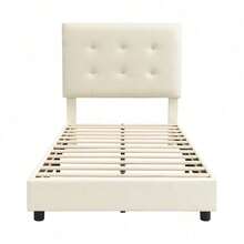 Lit de grande taille pour enfant sécurisé, design biscuit – Avec tête de lit douillette, barrières en mousse anti-choc, construction composite – 90x200 cm, couleur beige (Vendu sans matelas) - défaut - Voir 11