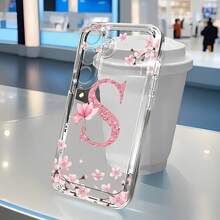 Pink Cherry Blossom Letter "S" Transparent Phone Case Suitable For Compatible With Samsung Galaxy S25/24/23/22/21 Ultra/FE/Edge/+,A73/72/54/53/52/50/35/34/33/25/24/23/22/20/16/15/14/13/12/10,As Well As IPhone17,16, 15, 14, 13, 12, 11, Pro Max, Air, Plus, Fashionable Phone Cases - 彩色 - 查看 2