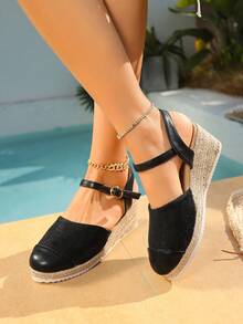 新款春夏海滩度假风优雅休闲手工编织绳底拼接鞋头舒适百搭坡跟户外必备经典系带凉鞋，女士 - 黑色 - 查看 2
