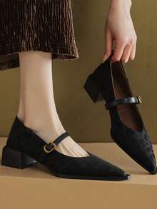 女士复古玛丽珍单带皮鞋；新款时尚尖头粗跟低帮女鞋，秋季必备 - 黑色 - 查看 5