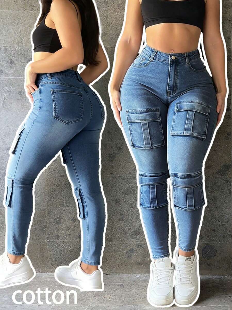 浅蓝色中腰修身工装多口袋牛仔裤女款 - 休闲街头风，修身提臀，日常百搭牛仔裤