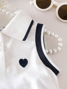 2pcs Baby Girls' Heart Embroidery Polo Collar Sleeveless Top And Ribbon Waist Pleated Skirt Set, Cute & Elegant Street Style - Light Grey - View 3