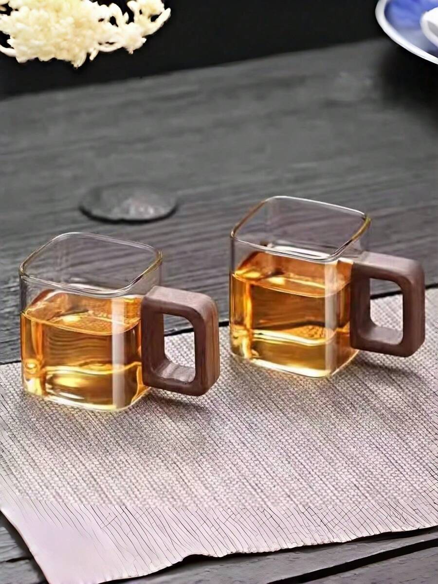 High Borosilicate Glass Tea Cup With Wooden Handle, Large Capacity Drinking Water/Coffee Cup Wooden Handle Glass Cup, Home Use Milk Tea/Juice Single Layer Cup Small Capacity Handmade Coffee Cup With Walnut Wood Handle Home Breakfast Milk Tea/Beverage Cup, Christmas/Valentine's Day Gift - Multicolor - View 1