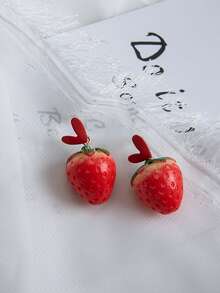 1 Pair Cute Sweet Strawberry Tassel Earrings, Cartoon Fruit Stud Earrings For Girls - Red - View 6