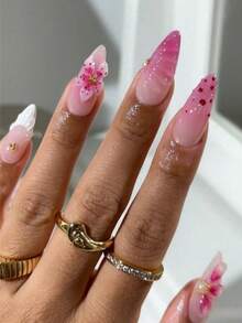 10片法式杏仁形美甲贴纸，粉色渐变，3D立体花卉装饰，水波纹设计，波点珍珠和水钻点缀，甜美风格，光滑表面，全覆盖假指甲，适合女性和女孩日常佩戴