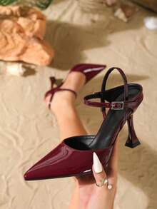 9cm Pointed Toe Adjustable Buckle Strap High Heels, Elegant Mirrored PU Leather Sexy Burgundy Pumps, Versatile & Comfortable For Daily, Party, Christmas, Valentine's Date, Women's Formal Shoes - Burgundy - View 1