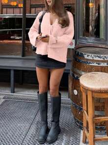 FOR BEAUTY 复古V领系带长袖针织开衫，时尚简约百搭，宽松版型毛衣开衫，女士秋季/新年必备 - 淺粉 - 查看 5