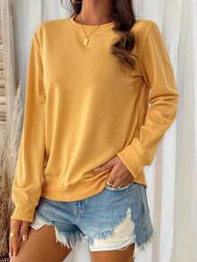 Plush Brushed Fleece Sweatshirt For Women - Relaxed Fit Fall Winter Top Women's All-Day Comfort Crew Neck Pullover - Soft Stretch Long-Sleeve Sweatshirt Wrap-Me-Up" Soft Crew Neck Sweatshirt | Women's Lazy-Day Essential (Multiple Hues) Dreamy Soft Crew Neck Pullover - Women's Versatile Casual Sweatshirt For Cool Days Women's Super Soft Crew Neck Sweatshirt - Warm Long-Sleeve Pullover (6 Colors) Relaxed Fit Brushed Fleece Sweatshirt - Women's Comfortable Fall Winter Top  Casual    Daily  Home - 黃色 - 查看 4