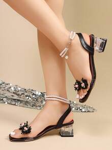 Women's Fashion Floral Crystal Chunky Heel High Heels, Fairy Style Faux Pearl Beaded Shoes,Spring Summer Outfits - Black and Red - View 5