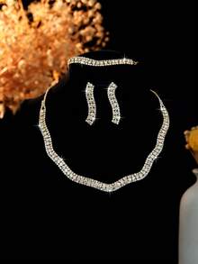 4pcs Luxury Rhinestone Jewelry Set: Necklace, Earrings, Bracelet, Elegant Bridal Wedding Gift, Versatile For Daily, Party, Vacation - Silver - View 6