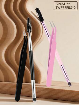 Pinzas para pestañas rosa/negro, cepillo de doble extremo para extensiones de pestañas, pinzas precisas para pestañas, alta dureza y excelente durabilidad, adecuadas como herramienta para extensiones de pestañas y accesorios