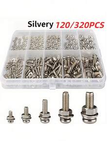 320pcs Premium Screw And Nut Assortment Kit - Corrosion-Resistant, Snap-In Nuts, M2 To M5 Sizes - Ideal For DIY, Repair, And Industrial Applications - Silver - View 1