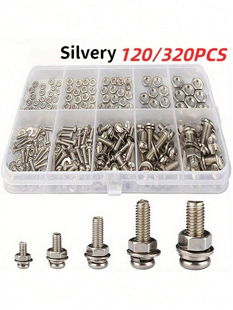 320pcs Premium Screw And Nut Assortment Kit - Corrosion-Resistant, Snap-In Nuts, M2 To M5 Sizes - Ideal For DIY, Repair, And Industrial Applications - Silver - View 1