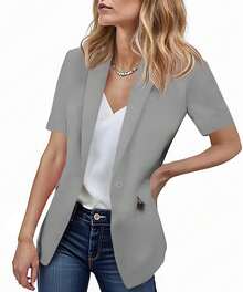 Womens Casual Short Sleeve Blazer Lapel Open Front Work Office Jacket - Xám - Xem 1