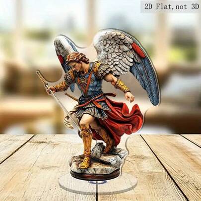 1尊旋转式大型圣米迦勒大天使雕像 - 动态站立天使，手持长矛和盾牌，蓝金色翅膀，红色斗篷 - 厚重亚克力桌面摆件，适用于家居、办公室、教堂 - 室内/室外基督教宗教装饰 - 精神守护的象征