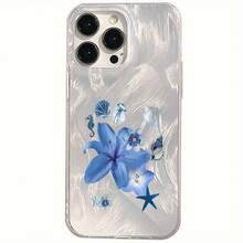 Un patrón de flor de lirio azul, estrella de mar y concha adecuado para fundas de TPU para iPhone 16 Pro Max, compatible con iPhone 15 Pro Max/14/16 Plus/15/13 Pro/12/11/X/Xr/Xs Max, con una funda protectora elegante y transparente que es amigable para negocios y resistente a caídas. - Plateado - Ver 7