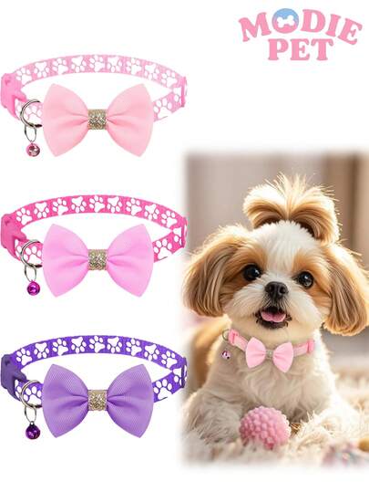 1/3pcs Fashionable Sequin Bow & Cute Paw Print Adjustable Bell Collar, Decorative Small Pet Accessories For Happy Cats And Dogs