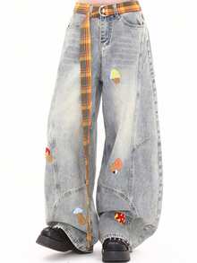 Cartoon Embroidered Plaid Belt Jeans, New Design Barrel Leg Jeans (With Belt) - Light Wash - View 4