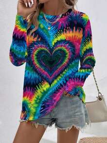 Women's Multicolor Tie-Dye Heart Print Long Sleeve T-Shirt - All-Over  Pattern With Blue Pink Green Yellow Orange Red White Black, Round Neck Casual Spring/Fall Top For Valentine's Day & Casual Attire, Fall Outfit, Spring Fashion, Colorful Design, Breathable Material, Machine Washable, Printed Blouse, Women, Gift Seekers   Ideal For Everyday Wear, Casual Layering, And Comfort, This Relaxed Shirt Is A Versatile Holiday Top Suitable For Camping Or Hiking, Designed For Year-Round Casual Dressing - Mixed Color - 查看 8