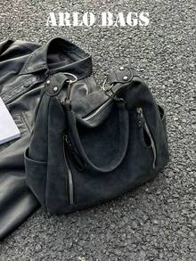 新款休闲哑光质感大容量时尚百搭单肩包，高端沙滩手提包，独特低调通勤拉链双肩带斜挎包 - 黑色 - 查看 9