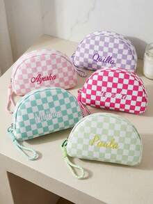 Bolsa de maquillaje bordada a medida con estampado de cuadros | Organizador de artículos de tocador de viaje para mujeres, regalo de despedida de soltera, regalo de ducha nupcial, bolsa de cosméticos para almacenamiento portátil - Multicolor - Ver 4