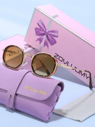 ZOVUJUMY Gold Frame Brown Leopard Print Oval Frame Women's Fashion Glasses, Brown Gradient Lenses, Retro Soft Luxury Style, Face-Slimming, Purple Delicate Storage Case Included