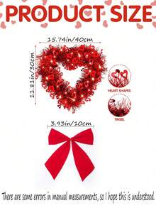 6pcs-Valentine's Day Wreath With Bows - Heart-Shaped Wreath For Front Door Valentine's Decor Heart Foil Ribbon Wreath With 5 Bows For Weddings, Proposals, And Engagement Parties. Suitable For Front Doors. Lightweight Plastic Wall Hanging Decoration. Romantic Wedding And Party Decor. Reusable And Easy To Hang. Elegant Holiday Decoration. (Classic Style) - Red - View 3