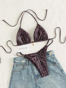 2026 经典款女士挂脖比基尼两件式泳衣，后背褶皱设计，侧边可调节，适合春夏海滩、泳池、音乐节、派对、约会度假等场合。 - 棕色 - 查看 3