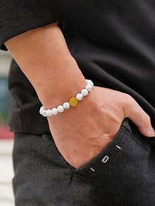 1件男士石珠手链导航指南针手链手工串珠饰品 - 金色 - 查看 11