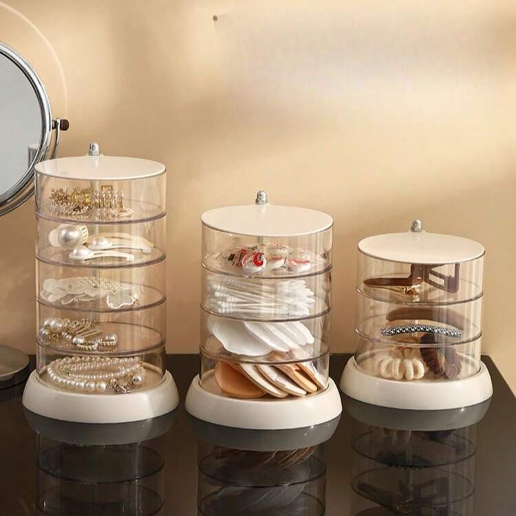 Hộp đựng bông trang điểm/hộp trang sức, hộp đựng bông tai, vòng tay và phụ kiện tóc nhiều tầng xoay trong suốt có nắp đậy, giá đựng chống bụi, hộp đựng đồ đa năng để bàn, hộp đựng trang sức. - Trong sáng - Xem 5